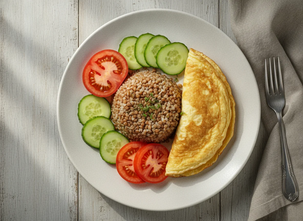 Гречневая каша с омлетом и овощами photo