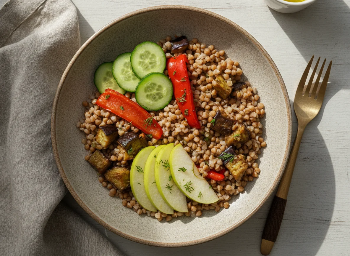 Гречневая каша с овощами и яблоком photo
