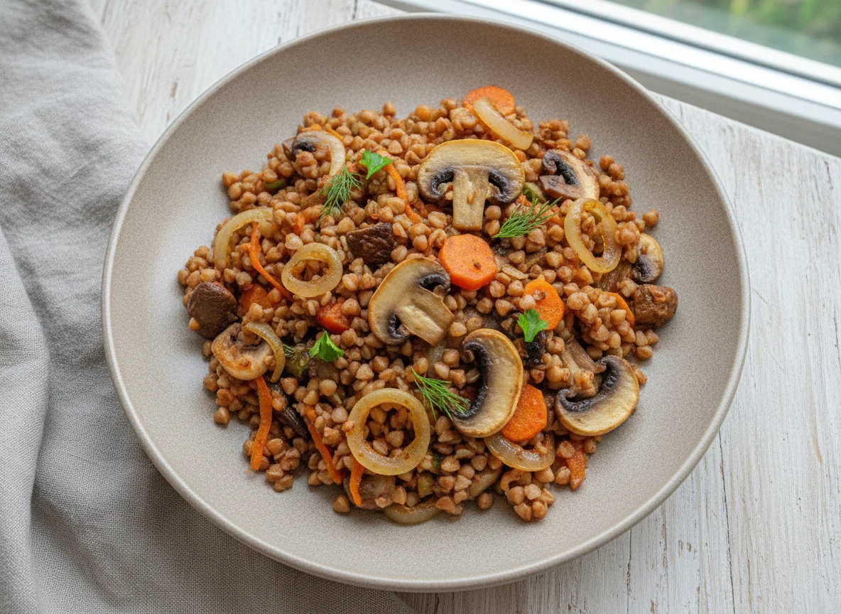 Гречневая каша с овощами и грибами photo