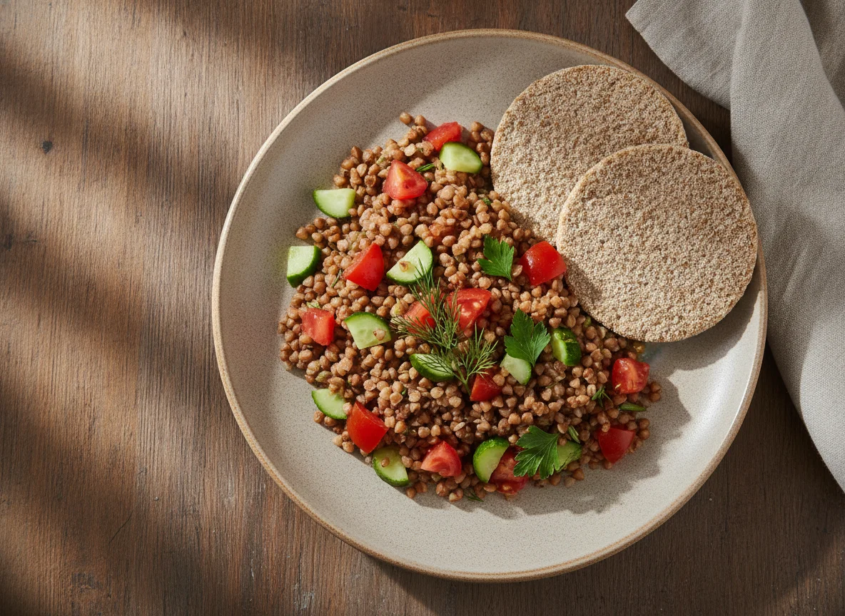 Гречневая каша с овощами и хлебцем photo