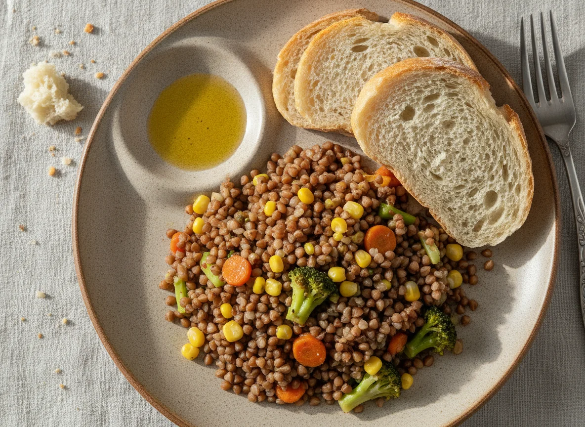 Гречневая каша с овощами и хлебом photo