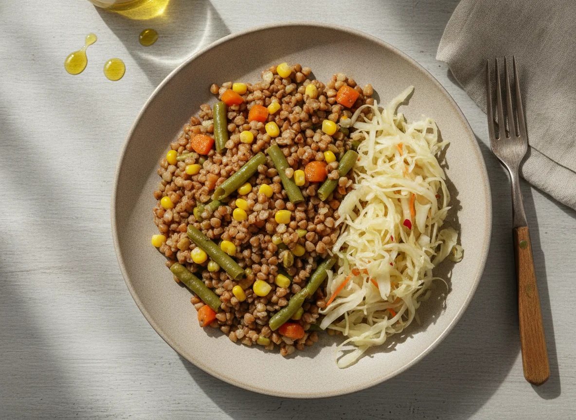 Гречневая каша с овощами и квашеной капустой photo