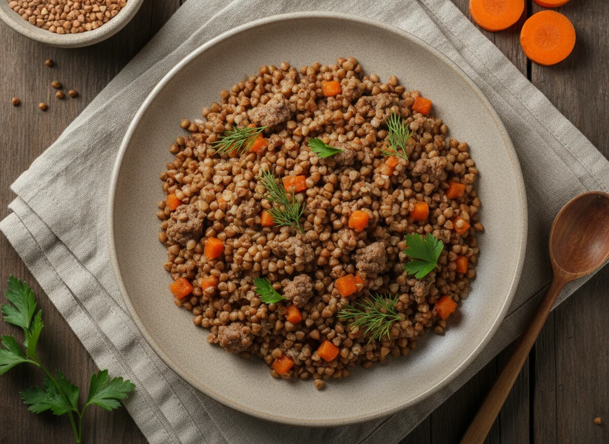 Гречневая каша с овощами и мясом photo