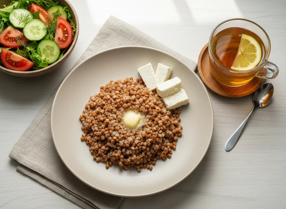 Гречневая каша с салатом, сыром и чаем photo
