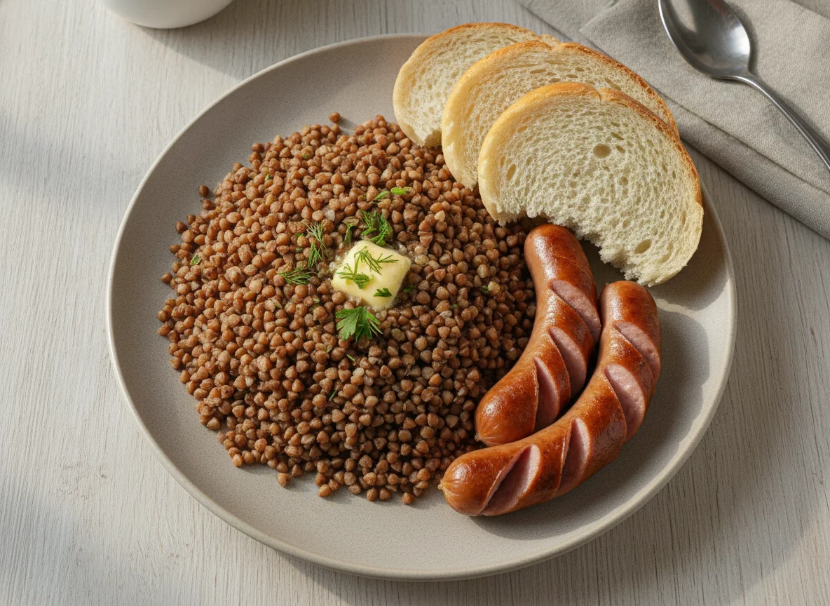 Гречневая каша с сосисками и хлебом photo
