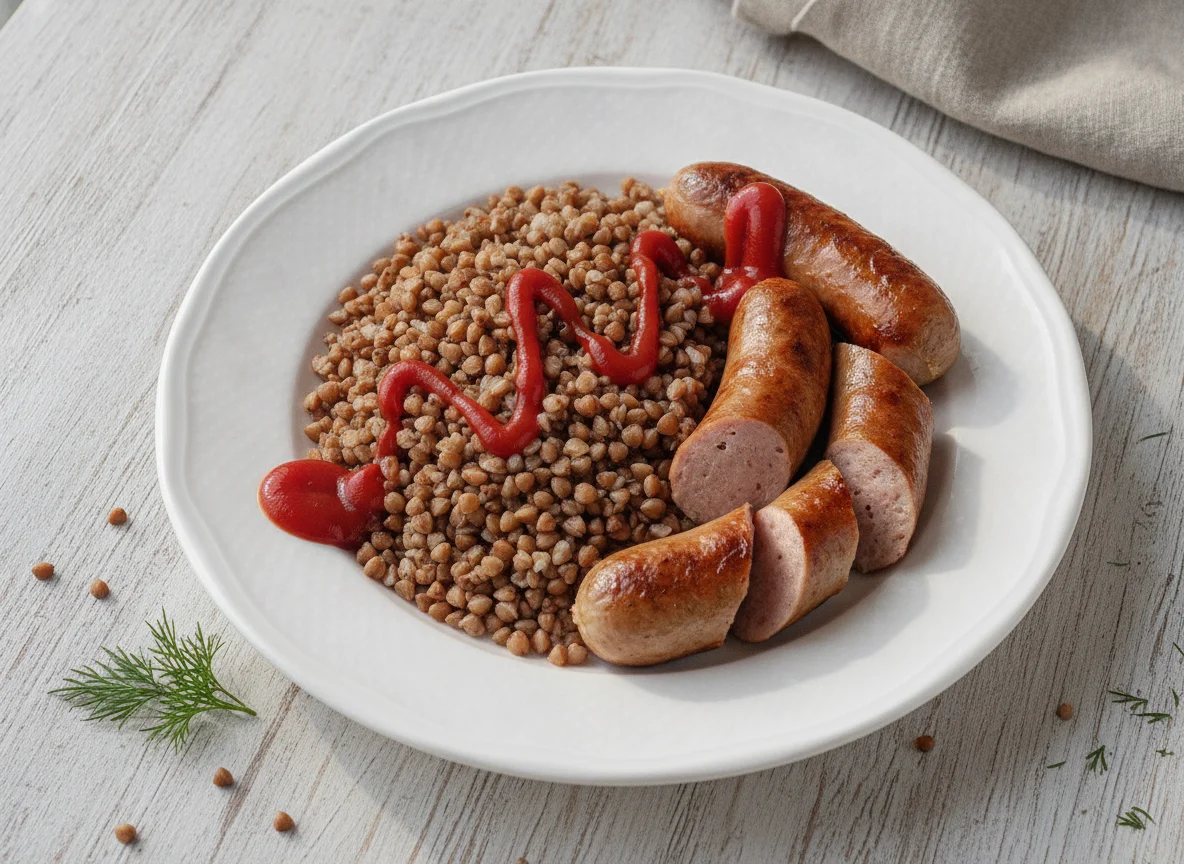 Гречневая каша с сосисками и кетчупом photo