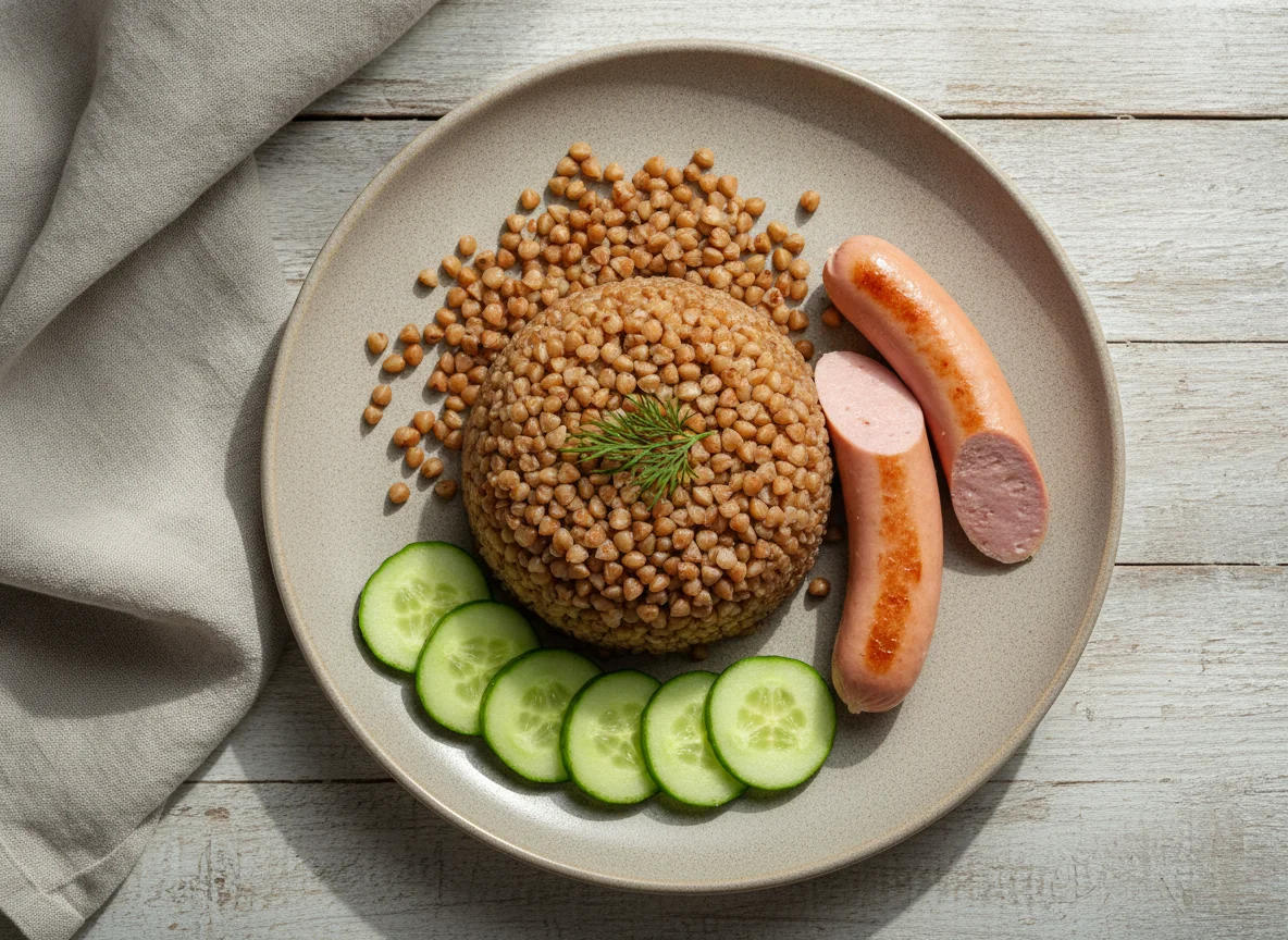 Гречневая каша с сосисками и огурцом photo