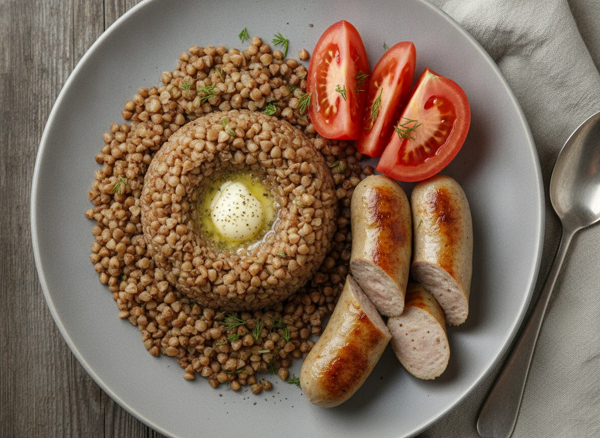 Гречневая каша с сосисками и помидорами photo
