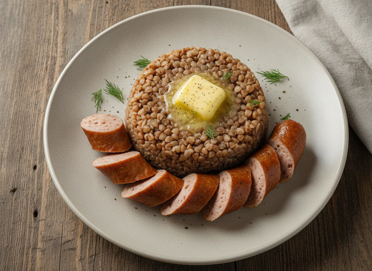 Гречневая каша с сосисками и сливочным маслом photo