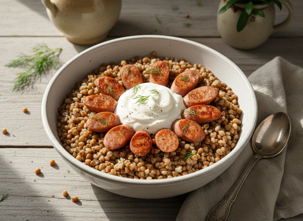 Гречневая каша с сосисками и сметаной photo