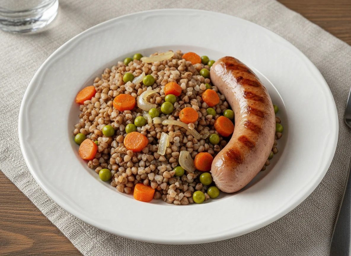 Гречневая каша с сосиской и овощами photo