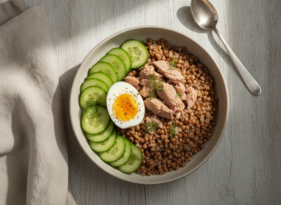 Гречневая каша с тунцом, яйцом и огурцом photo