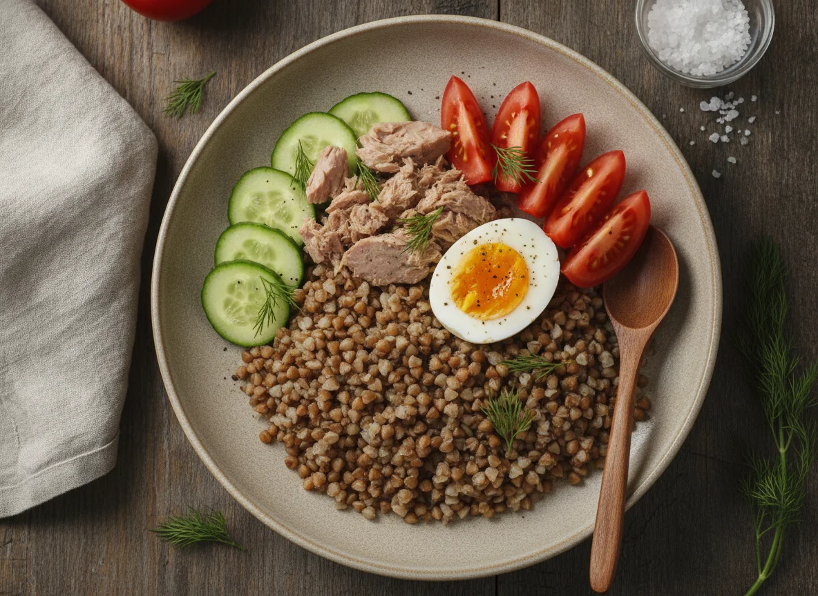 Гречневая каша с тунцом, яйцом и овощами photo