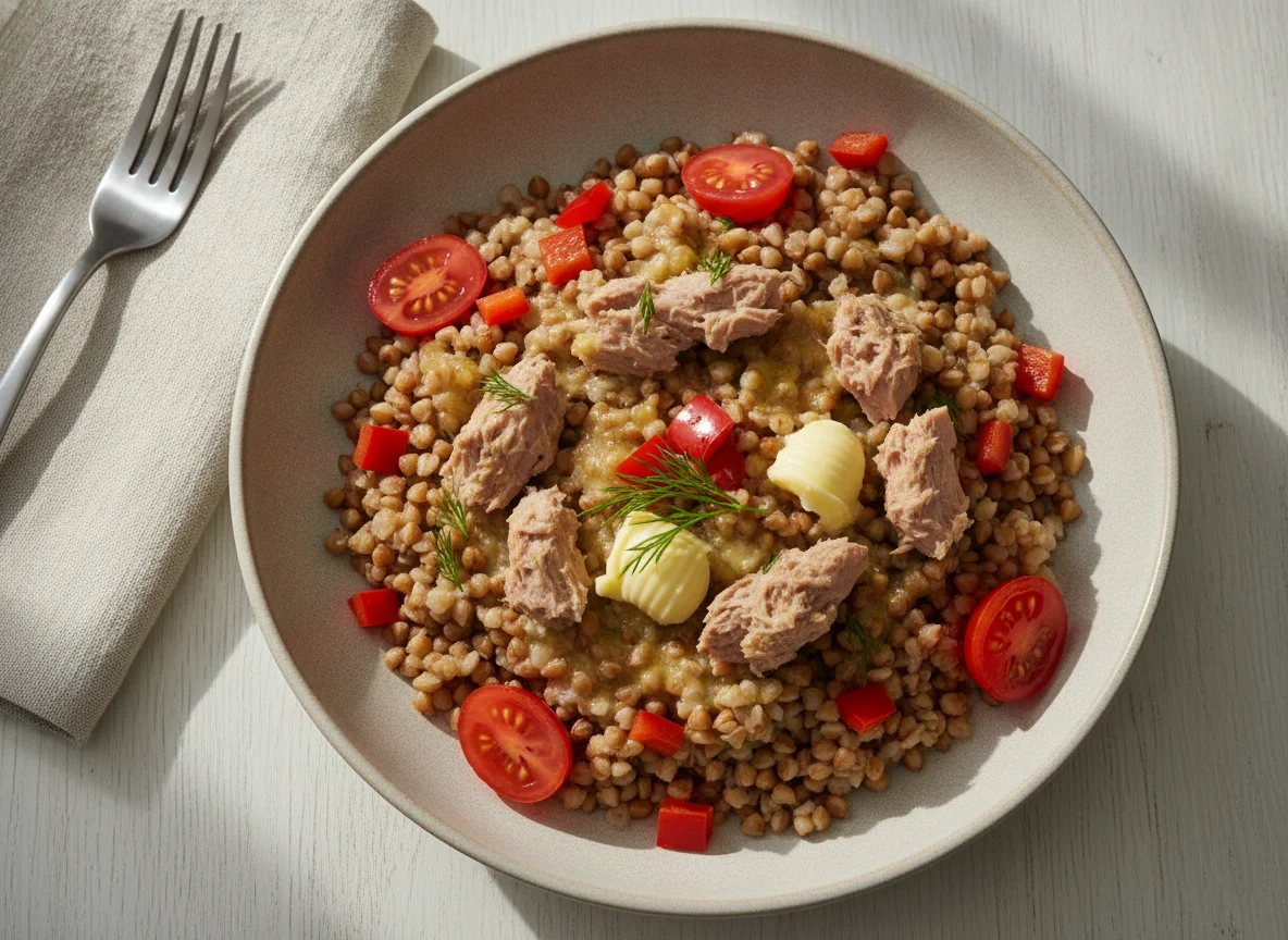 Гречневая каша с тунцом и овощами photo