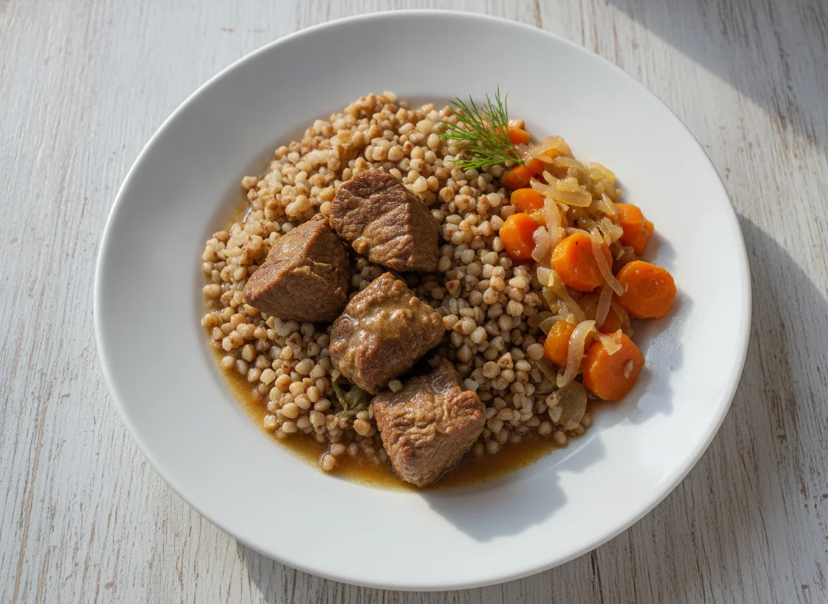 Гречневая каша с тушеной говядиной и овощами photo