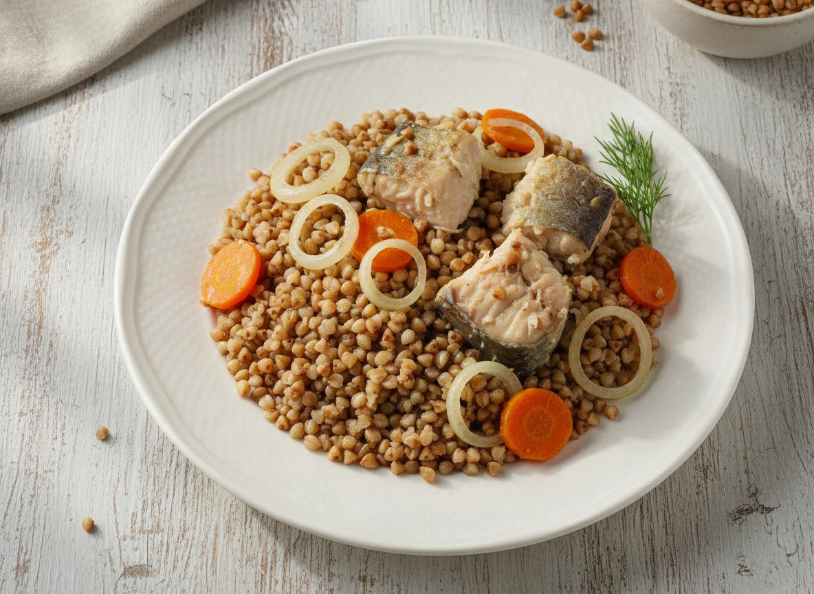 Гречневая каша с тушеной рыбой и овощами photo