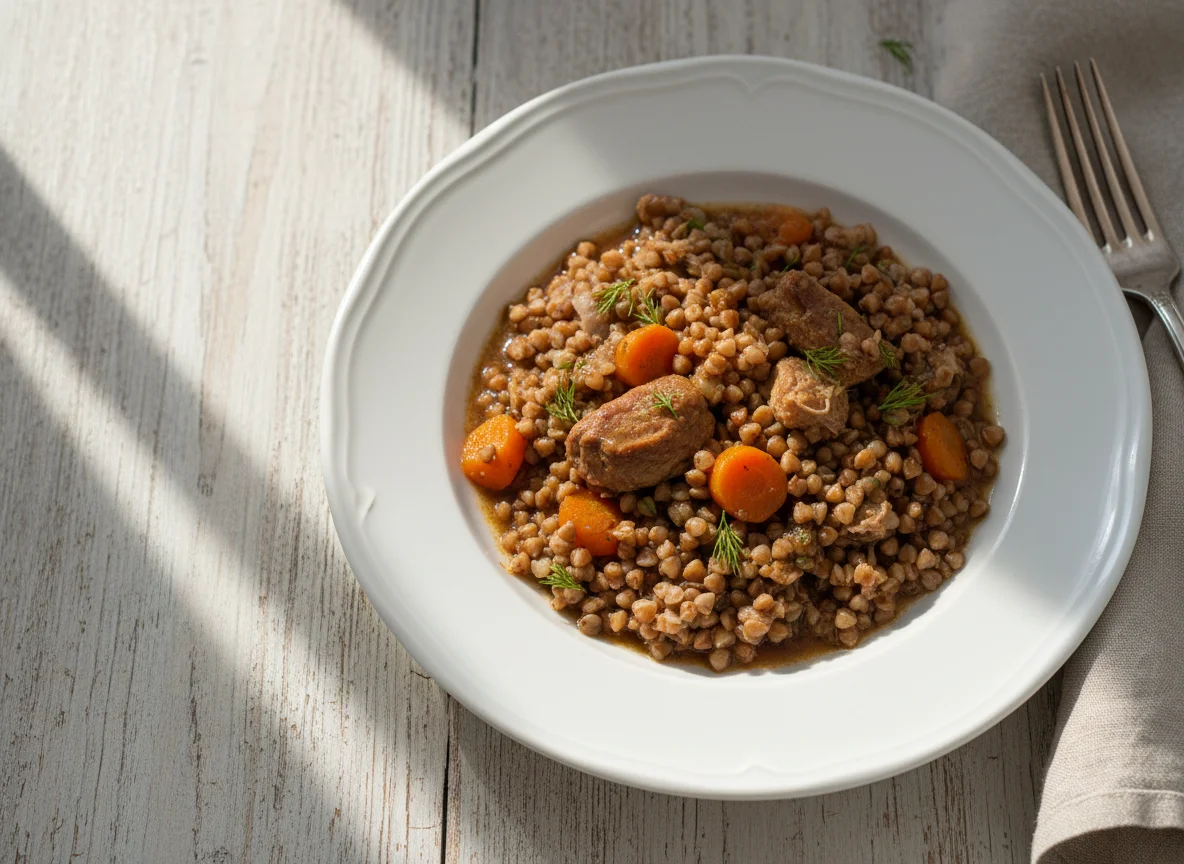 Гречневая каша с тушеным мясом и овощами photo