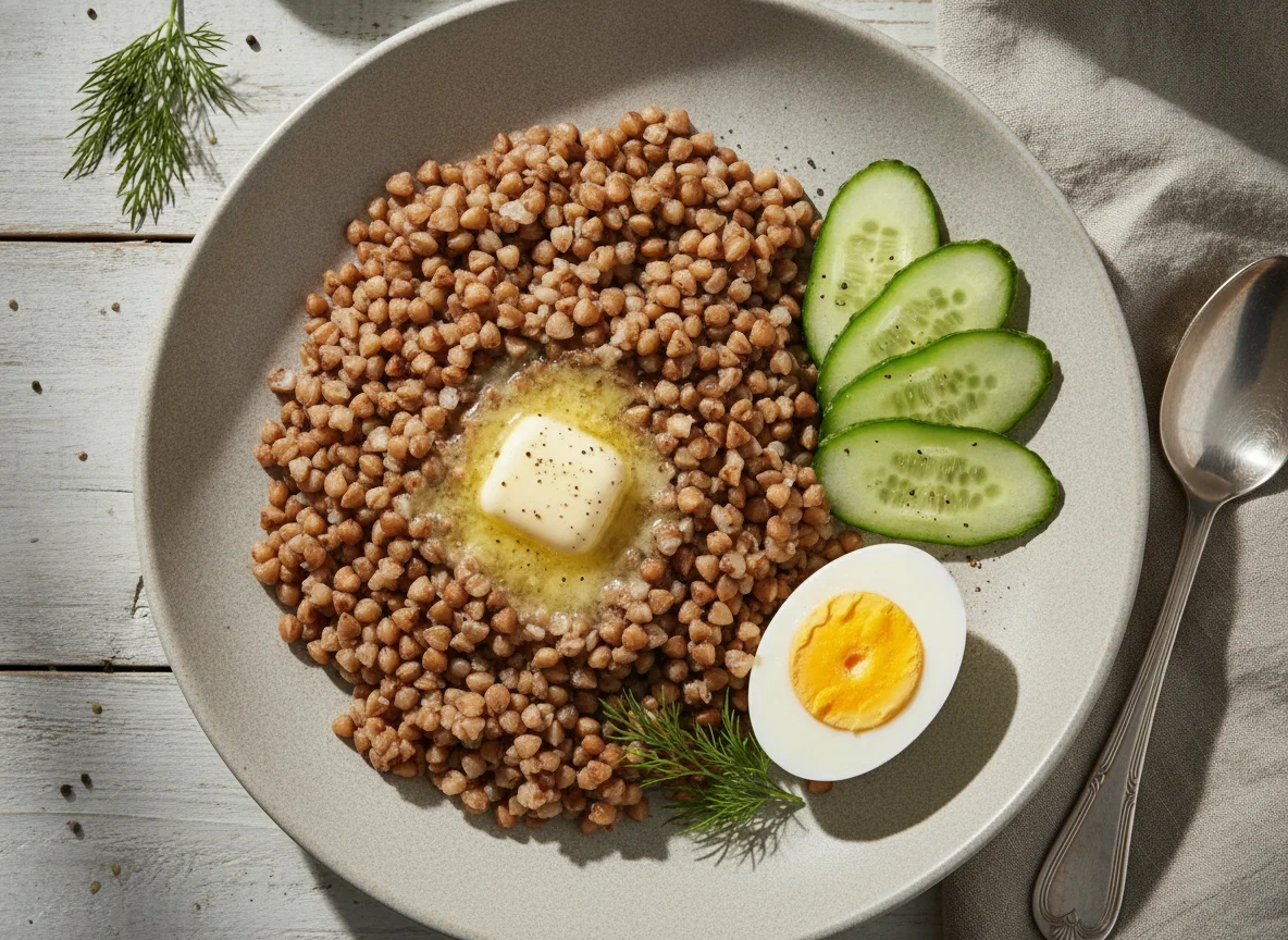 Гречневая каша с вареным яйцом и огурцом photo