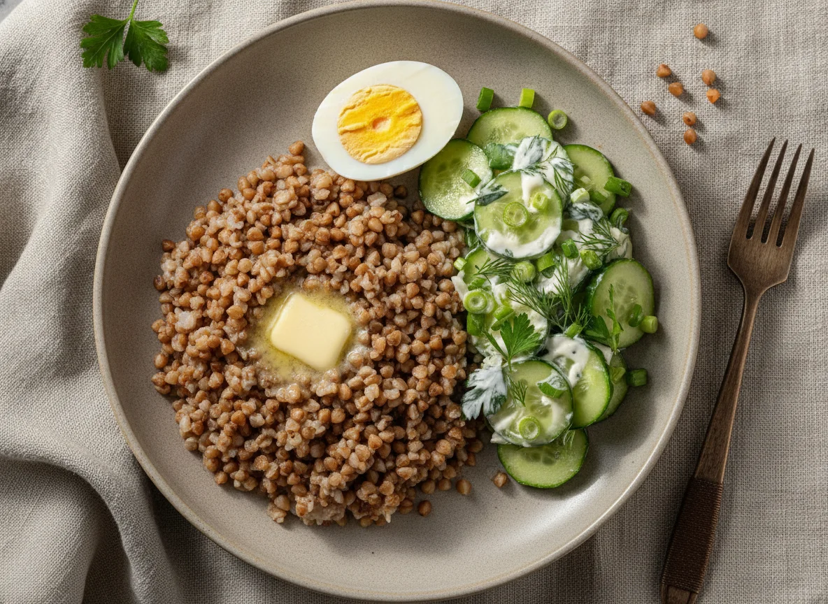 Гречневая каша с вареным яйцом и овощным салатом photo