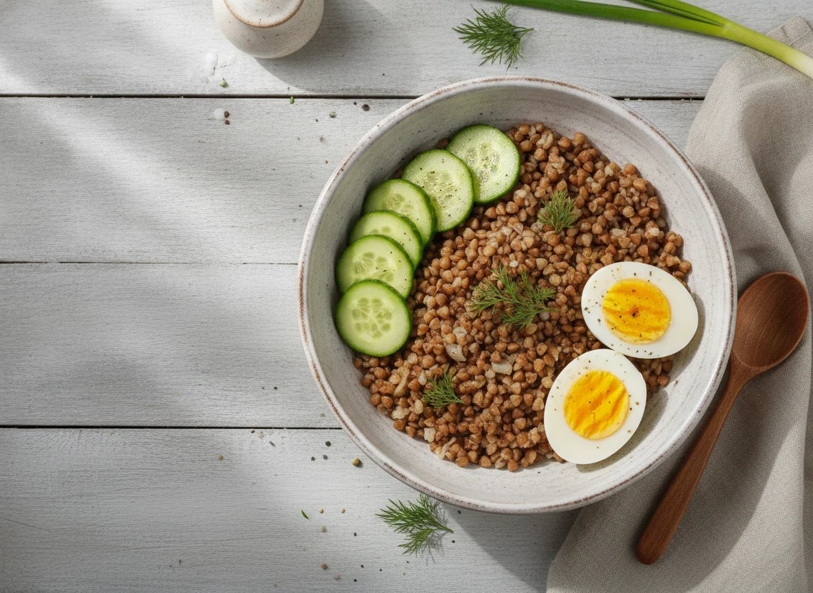 Гречневая каша с вареными яйцами и огурцом photo