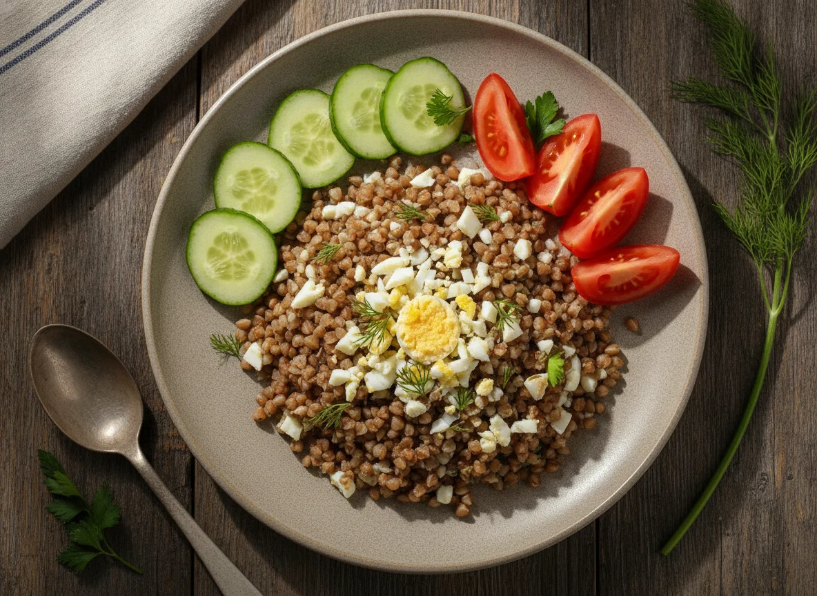 Гречневая каша с вареными яйцами и овощами photo