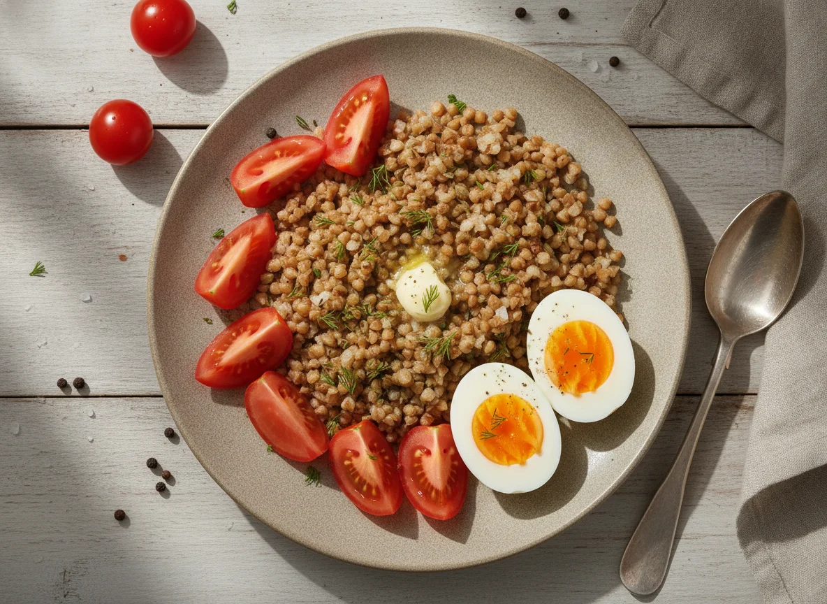 Гречневая каша с вареными яйцами и помидорами photo