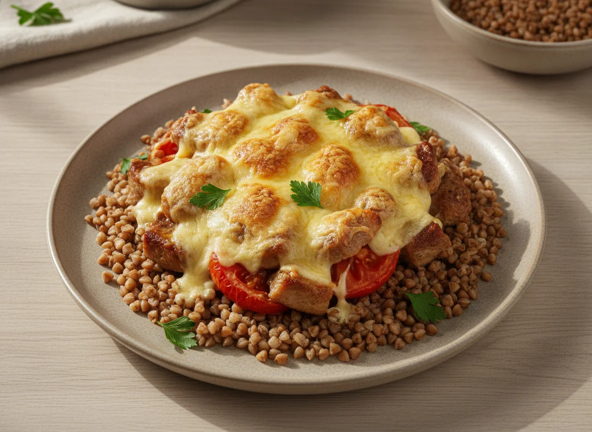 Гречневая каша с запеченным мясом под сыром photo