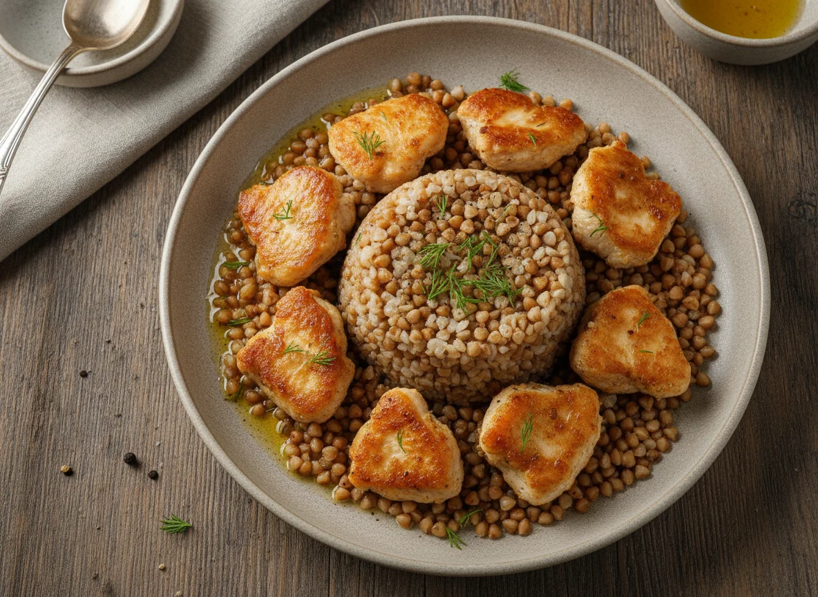 Гречневая каша с жареной курицей photo