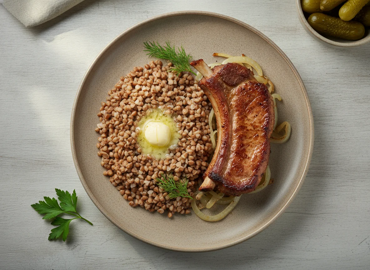 Гречневая каша с жареным мясом photo