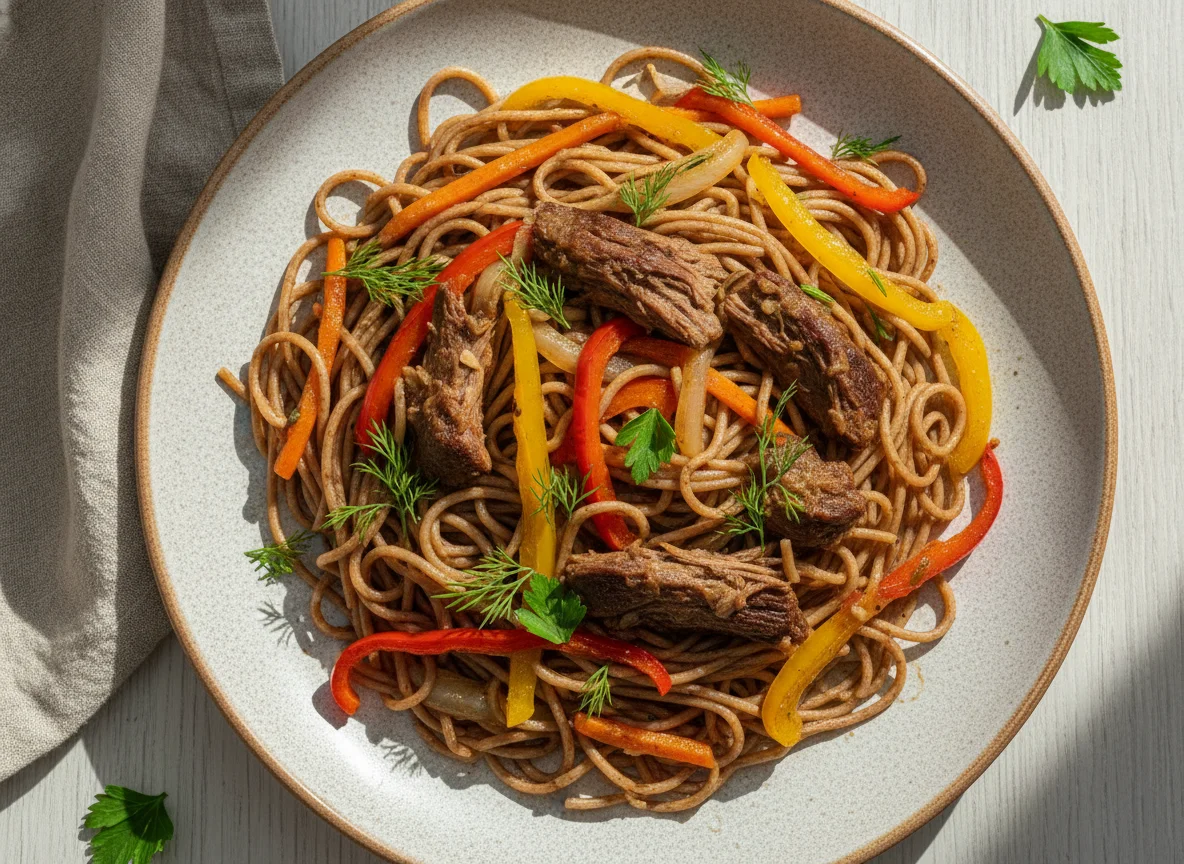 Гречневая лапша с говядиной и овощами photo