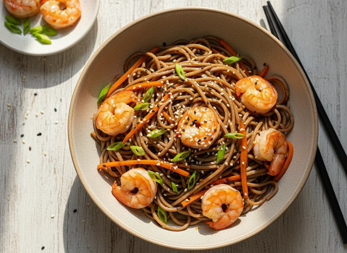 Гречневая лапша с креветками и овощами photo