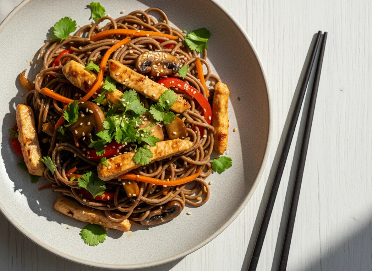 Гречневая лапша с курицей и овощами photo