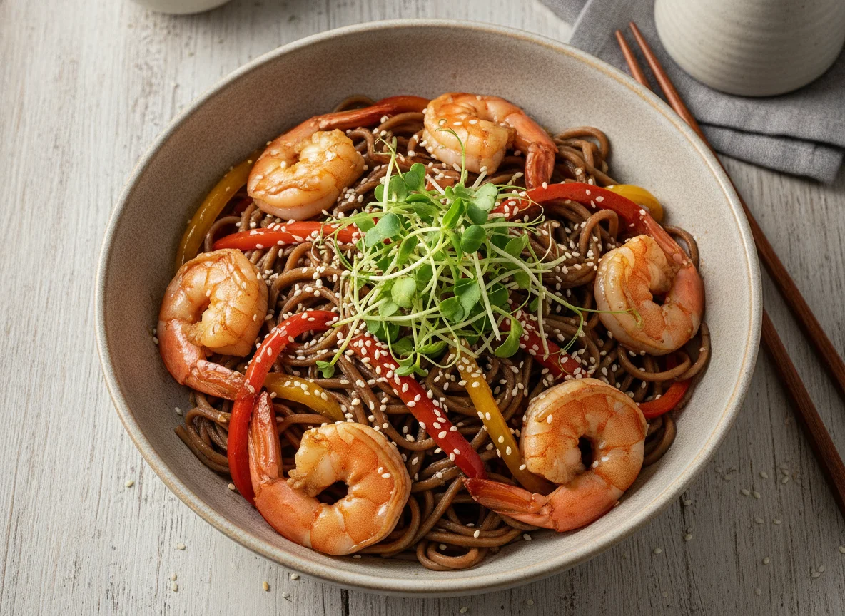 Гречневая лапша соба с креветками и овощами photo
