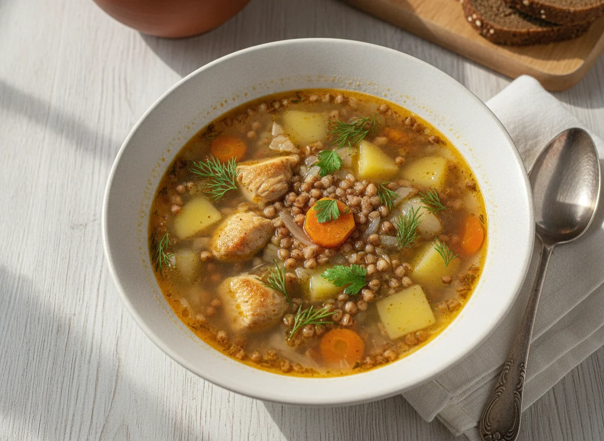 Гречневый суп с курицей и картофелем photo