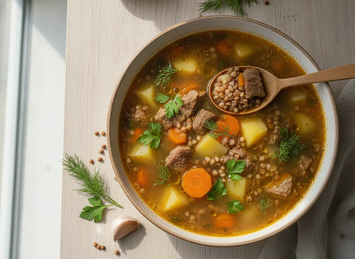 Гречневый суп с мясом и овощами photo