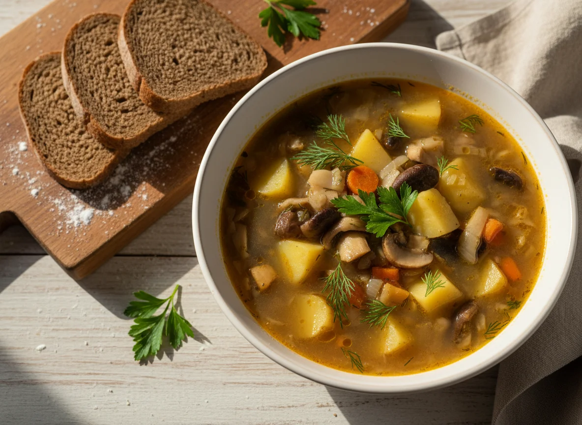 Грибной суп с картофелем и хлебом photo
