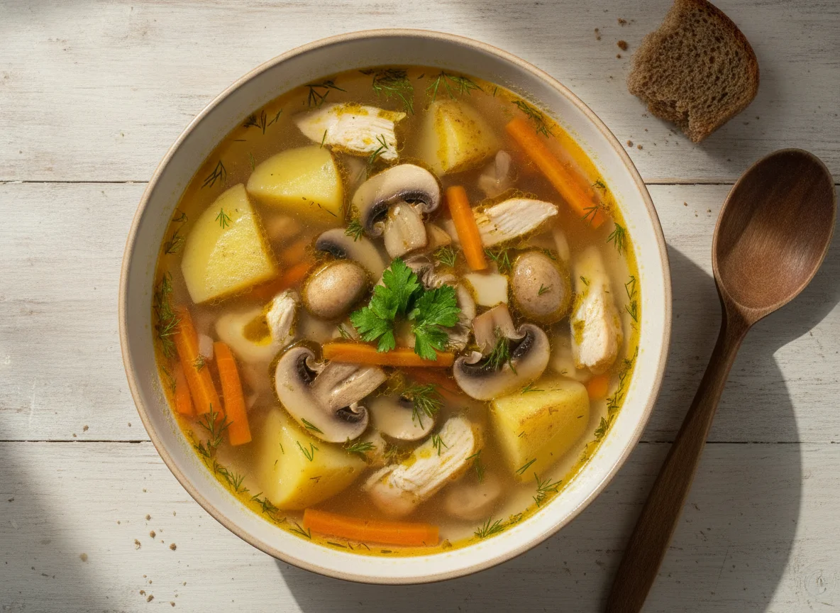 Грибной суп с курицей и картофелем photo