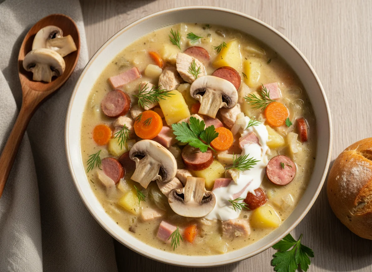 Грибной суп с мясом и овощами photo