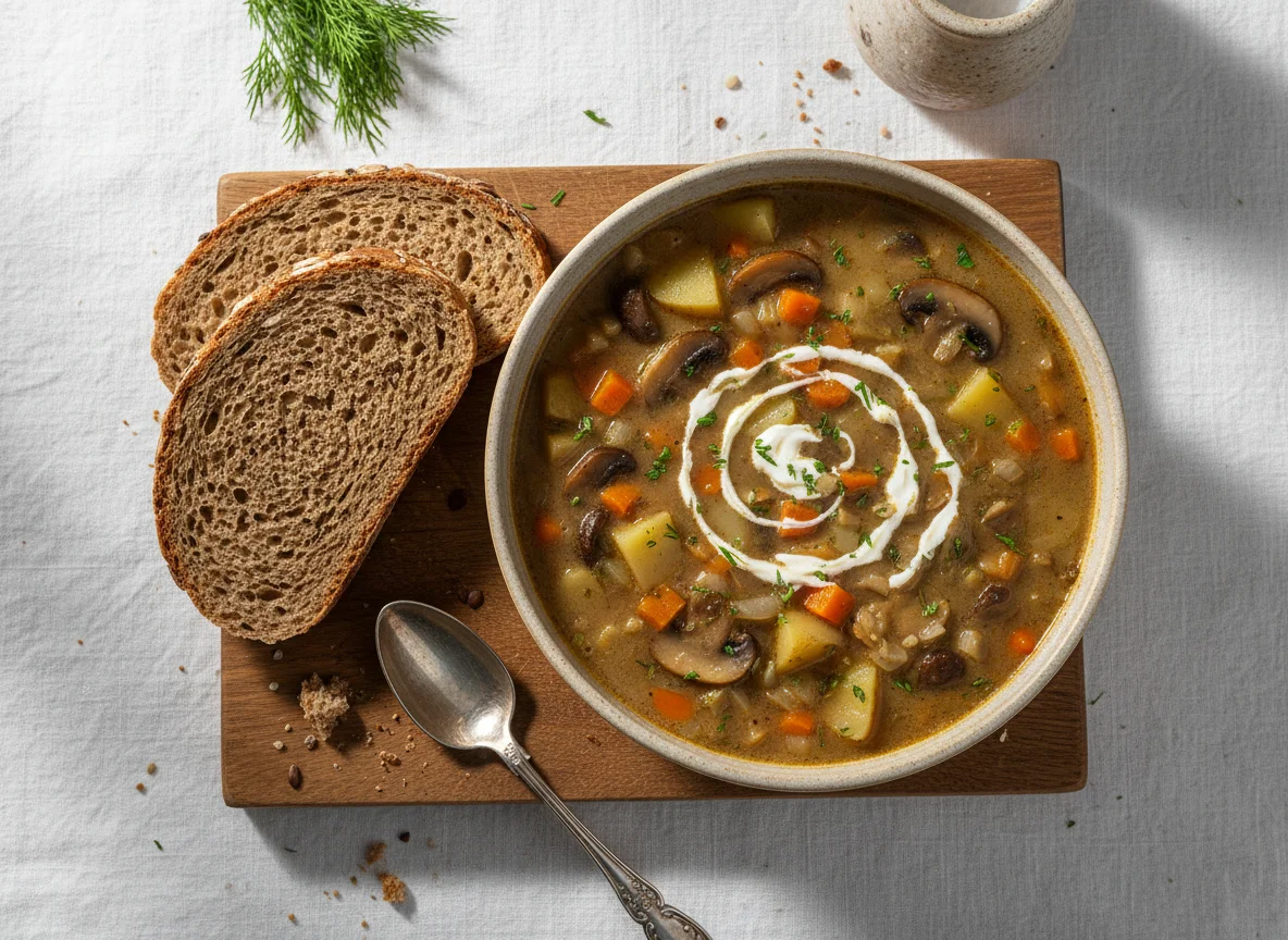 Грибной суп с овощами и хлебом photo