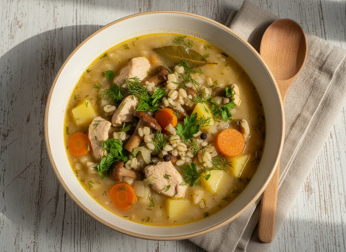 Грибной суп с перловкой и курицей photo