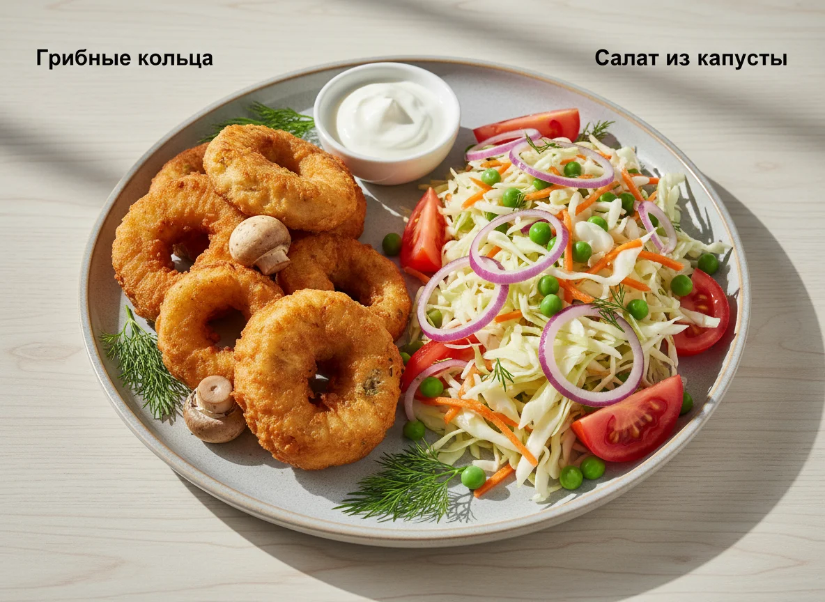 Грибные кольца и салат из капусты photo