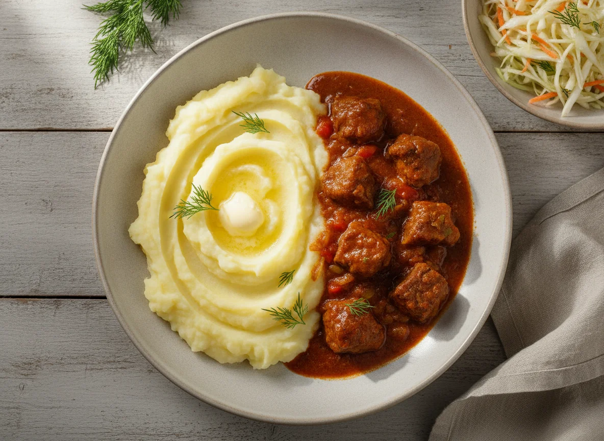 Гуляш из говядины с картофельным пюре и салатом из капусты photo