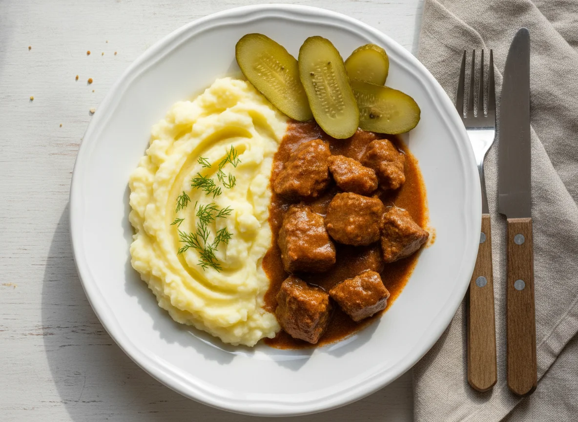 Гуляш из говядины с картофельным пюре и солеными огурцами photo