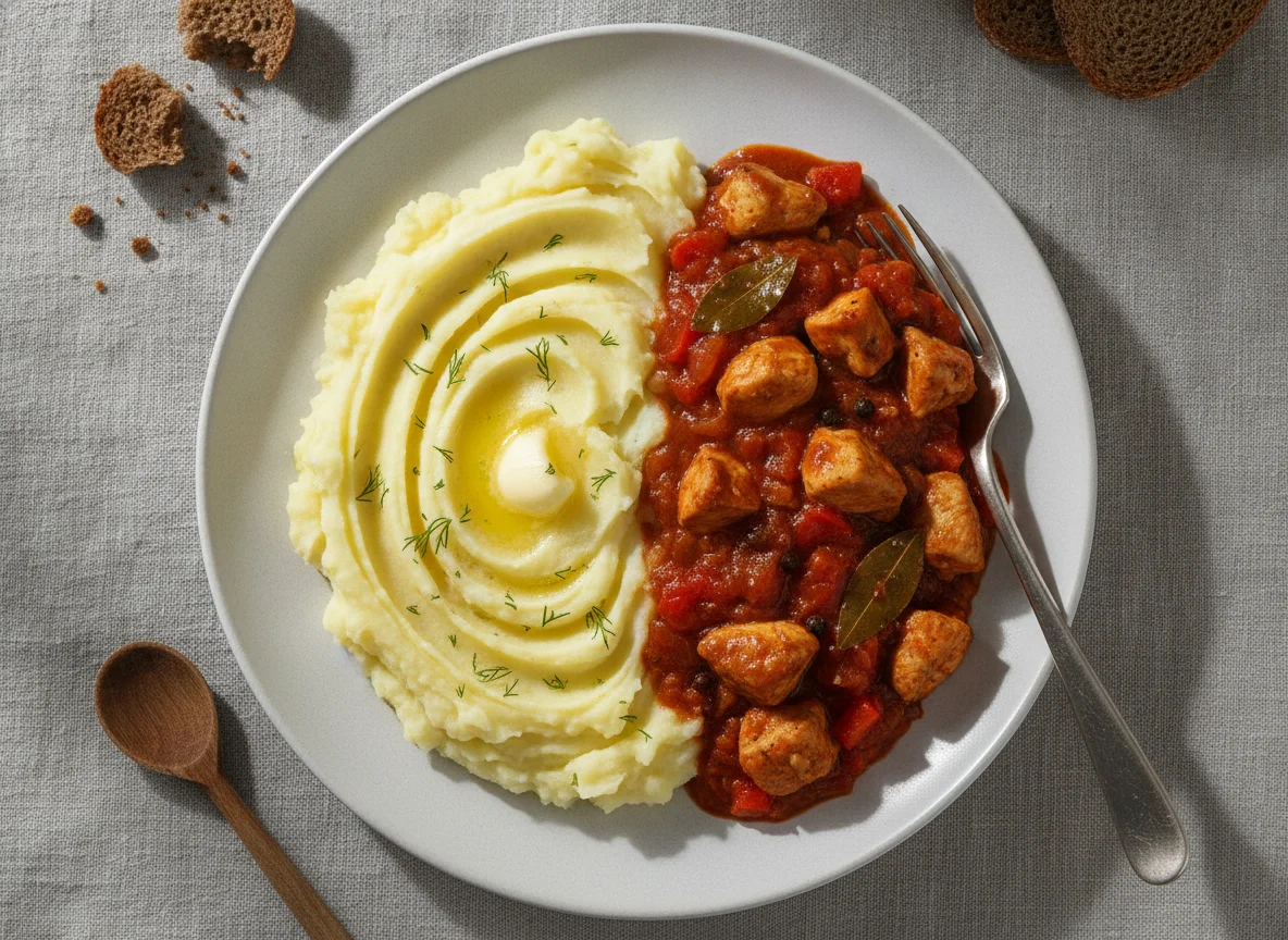 Гуляш из курицы с картофельным пюре photo