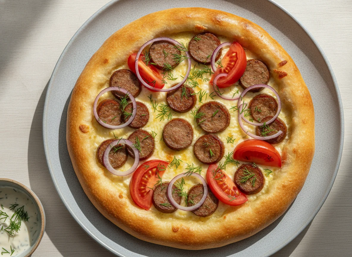 Хачапури с колбасой и овощами photo