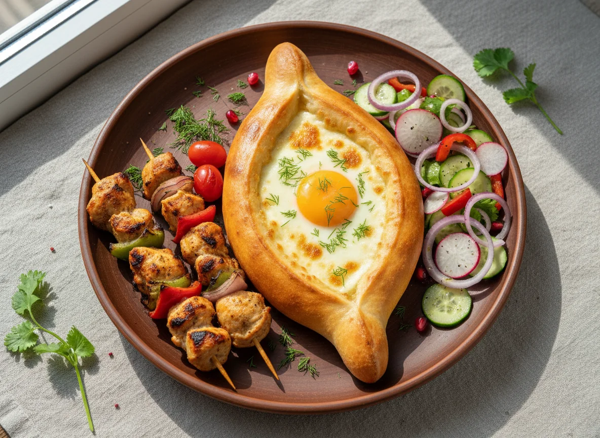 Хачапури с шашлыком и овощной салат photo