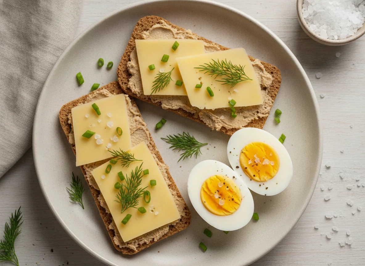 Хлебцы с сыром и вареные яйца photo