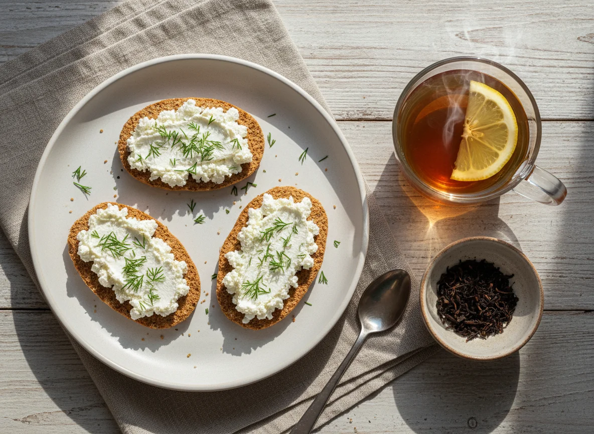 Хлебцы с творожным сыром и чай photo