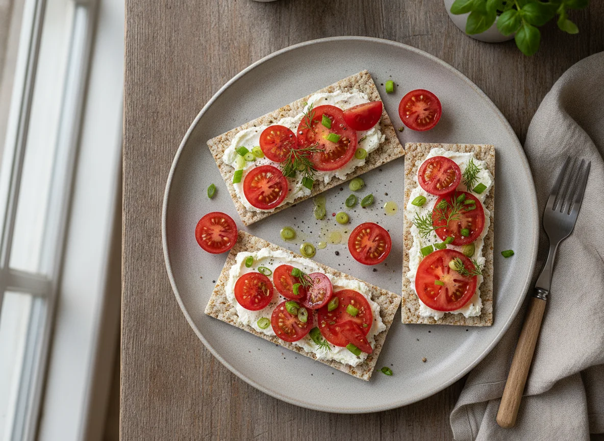 Хлебцы с творожным сыром и помидорами photo