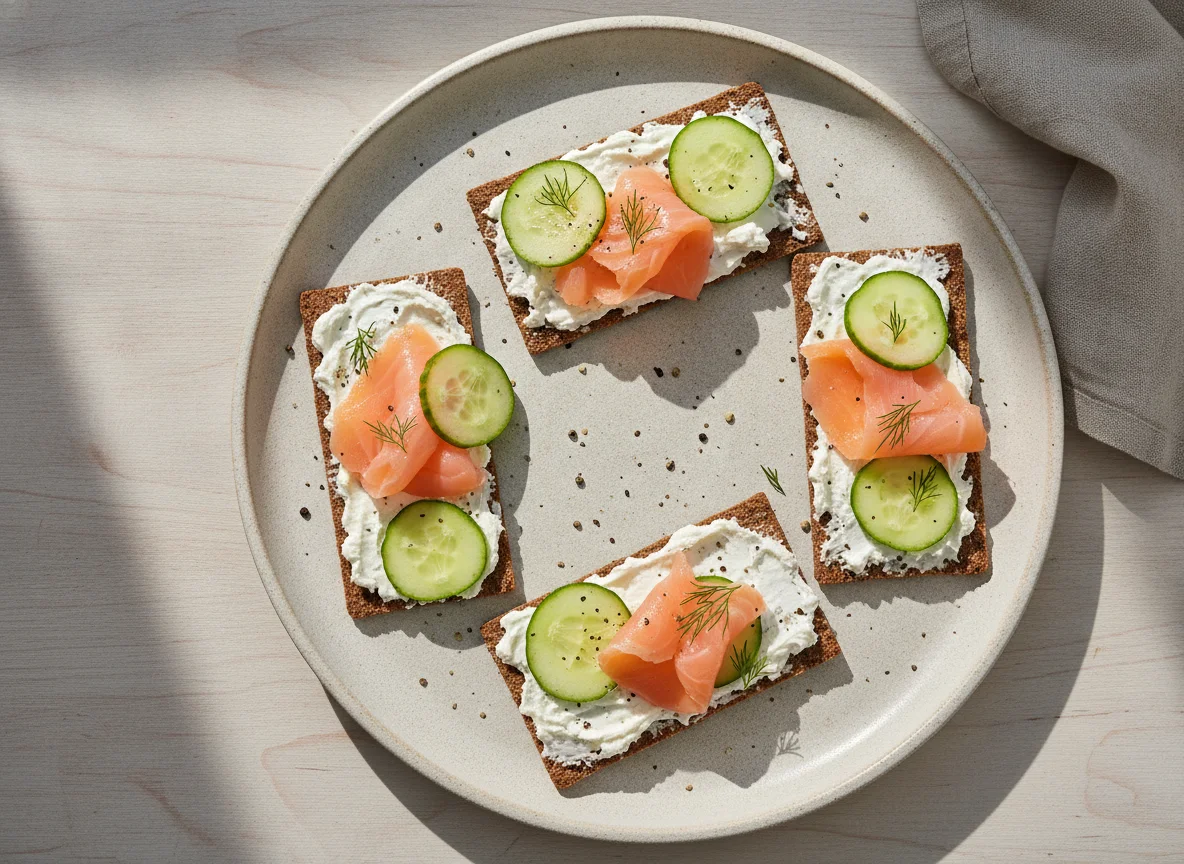 Хлебцы с творожным сыром, огурцом и лососем photo